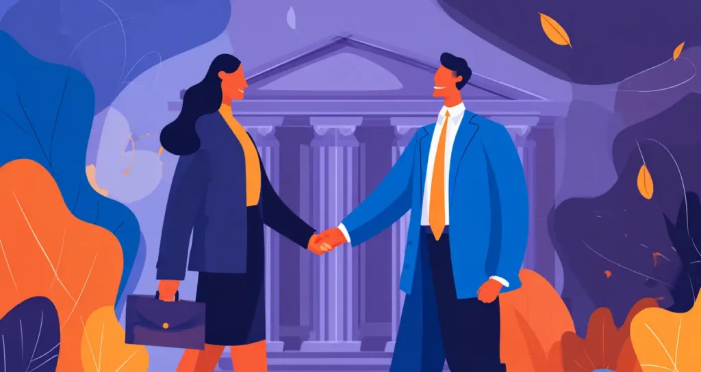AI-Enhanced Legal Intake: How Law Firms Can Automate Ethically and Build Trust | Lex Wire Illustration of two attorneys shaking hands in front of a courthouse, symbolizing trust, professionalism, and client engagement in the legal field.