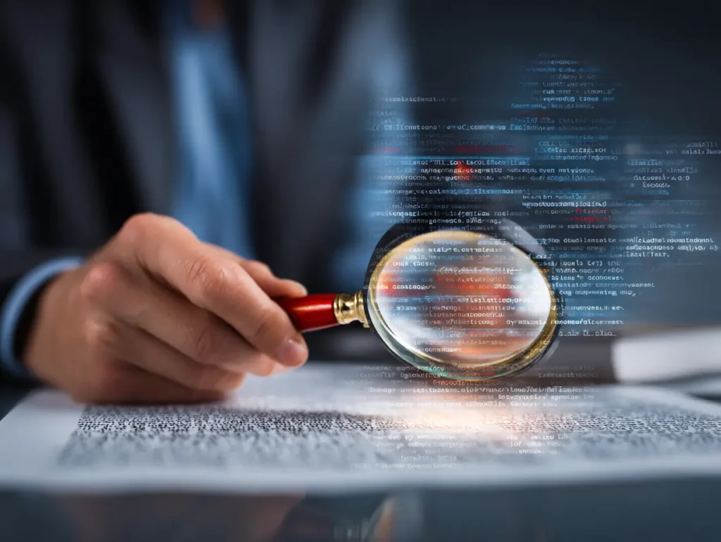 Person holding a magnifying glass over a document with digital code overlay, symbolizing AI analysis of content quality and detection of spam.