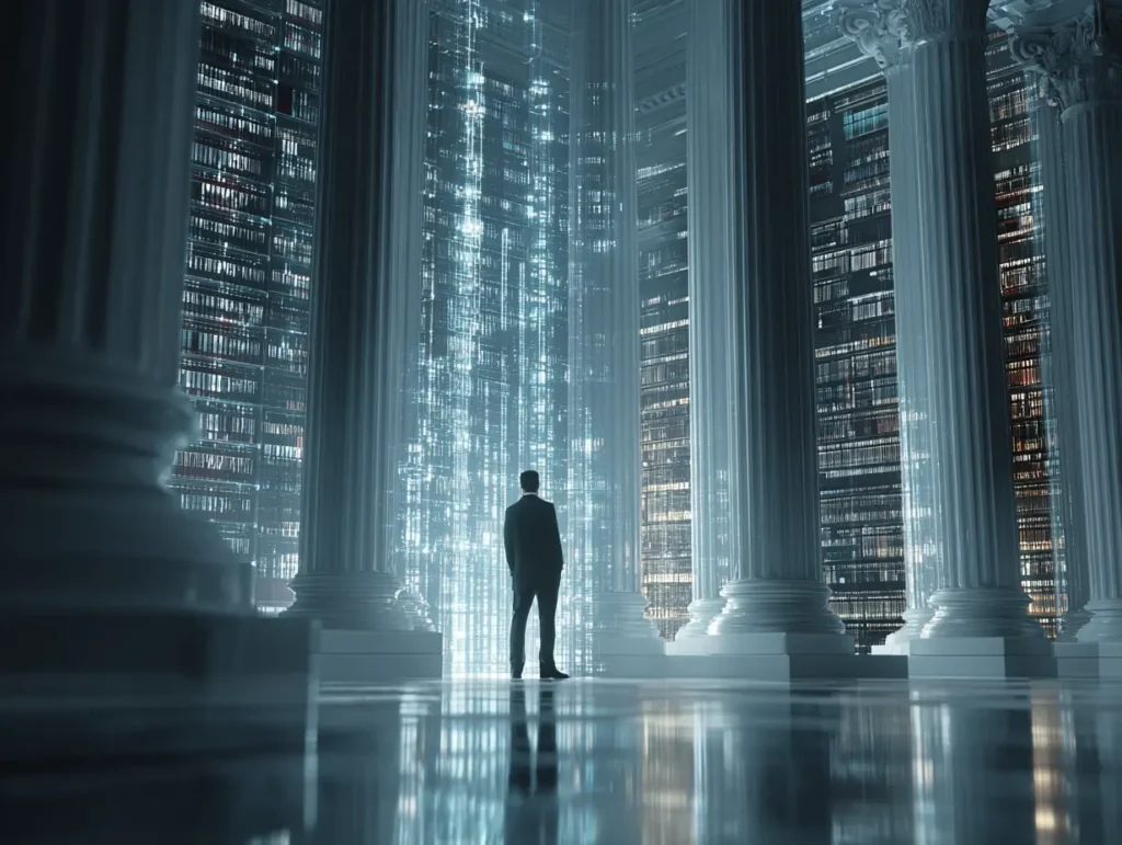 Man standing in a grand digital law library surrounded by towering columns and glowing data streams.