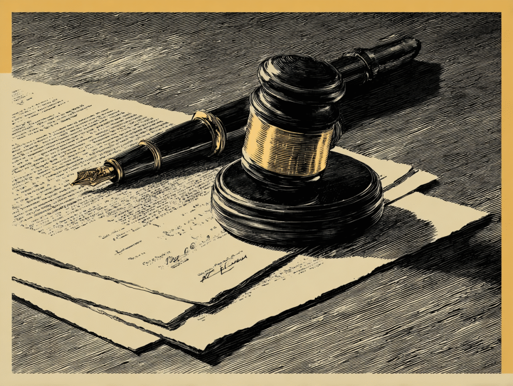 Current & Upcoming Lex Wire Review Editions Engraved illustration of a gavel and fountain pen resting on legal documents, symbolizing curated law review publication