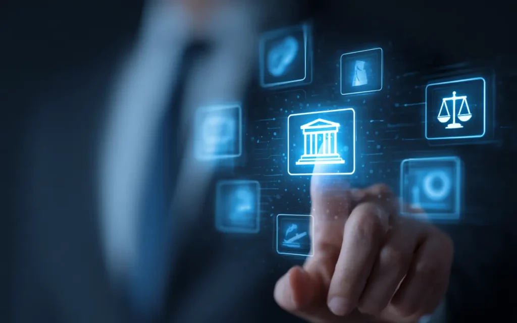 Five Legal Tech Trends Shaping Online Authority in 2026 | Lex Wire Finger pointing at digital legal interface icons, representing AI and legal technology integration in 2025