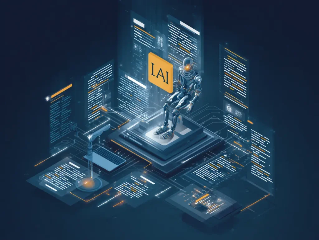 Futuristic robot analyzing digital legal documents, representing AI integration and law firm modernization.
