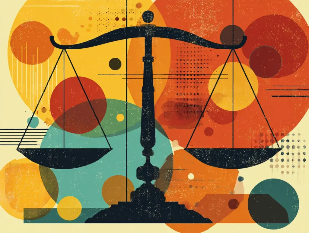 Stylized illustration of the scales of justice overlaid with abstract colored circles, symbolizing legal authority and AI-driven digital visibility.