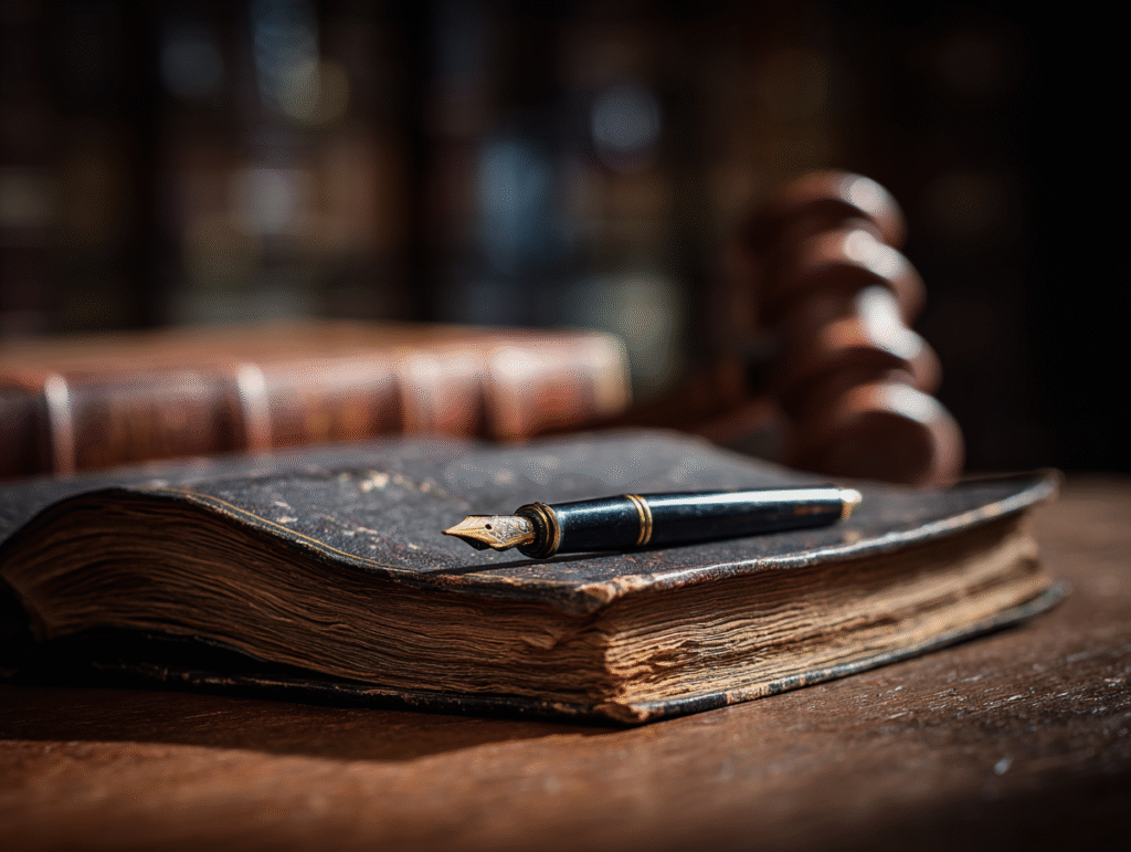 Join the Lex Wire Review Editorial Board | Lex Wire Close-up of a fountain pen resting on an aged legal book with a gavel in the background, symbolizing editorial authorship and legal authority