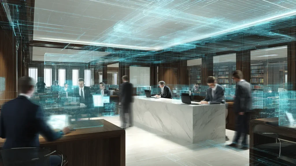 Lawyers working in a high-tech digital law office surrounded by holographic data layers and AI-driven interfaces.