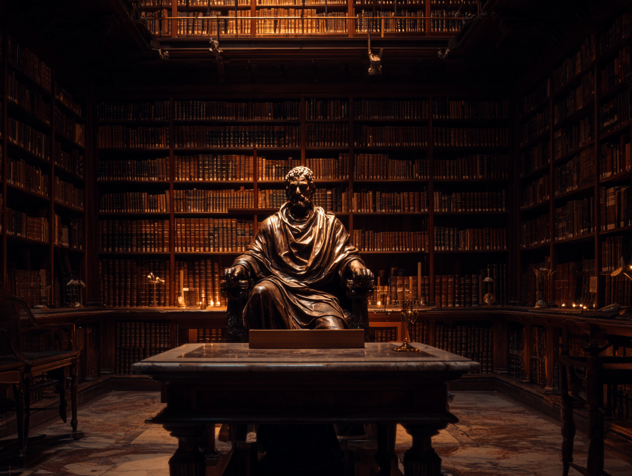 Lex Wire Review Editorial Philosophy & Submission Model | Lex Wire Bronze statue of a philosopher-judge seated in a historic law library surrounded by ancient legal books