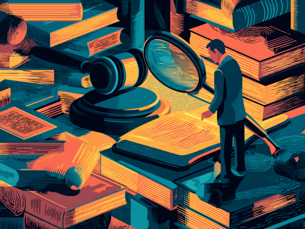Illustration of a lawyer examining legal documents with a magnifying glass, surrounded by law books and a judge's gavel — symbolizing structured legal authority in the AI era.