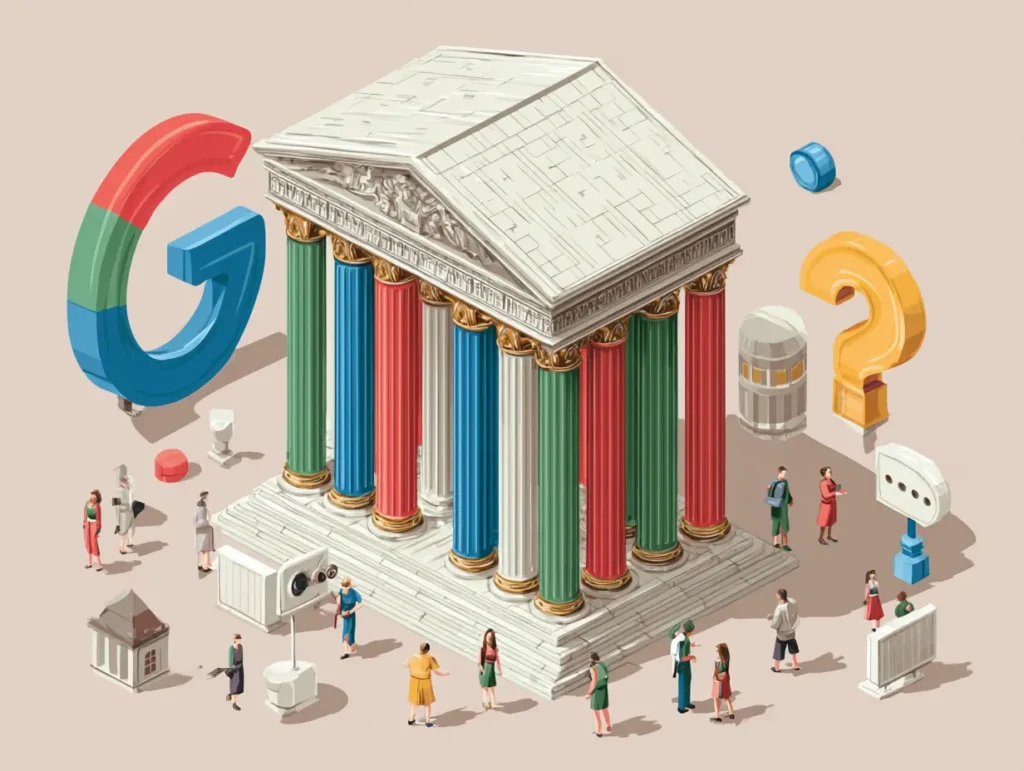 Voice-Driven Legal Search: How Law Firms Can Win with Conversational Blog Content Illustration of a classical courthouse with multicolored columns, surrounded by digital symbols like a Google 'G', voice bubbles, and a question mark, representing the convergence of legal institutions and voice-based AI search.
