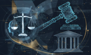Digital illustration of a gavel, scales of justice, and architectural columns integrated with network and data patterns.