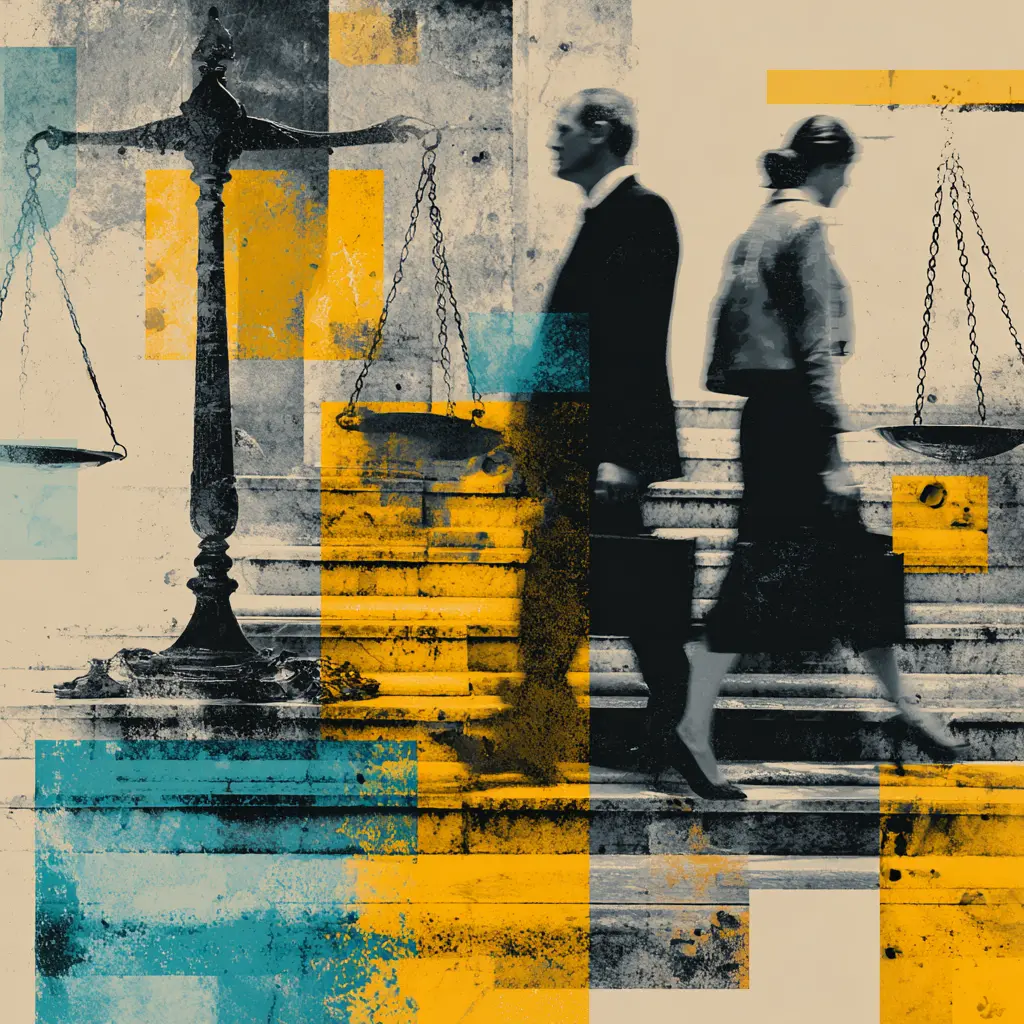 ChatGPT Atlas Changes Everything: How Law Firms Must Rebuild Visibility for AI-First Client Discovery Artistic collage showing silhouetted legal professionals walking past scales of justice with abstract yellow and teal geometric overlays representing the intersection of traditional law practice and AI-driven technology transformation