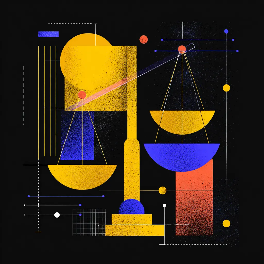 How AI Bias Impacts Legal Case Outcomes and Client Decisions | Lex Wire Abstract illustration of balanced scales with geometric shapes symbolizing how AI bias influences legal case outcomes and client decisions.