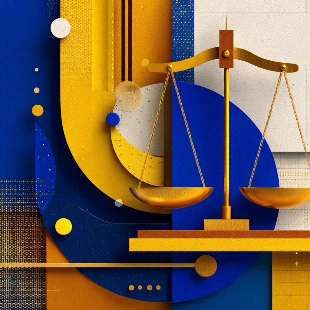 How AI Sentiment Analysis Shapes Legal Rankings for Law Firms Abstract geometric illustration in blue, gold, and white featuring balanced legal scales surrounded by textured shapes, symbolizing fairness, ranking signals, and AI interpretation in the legal field.