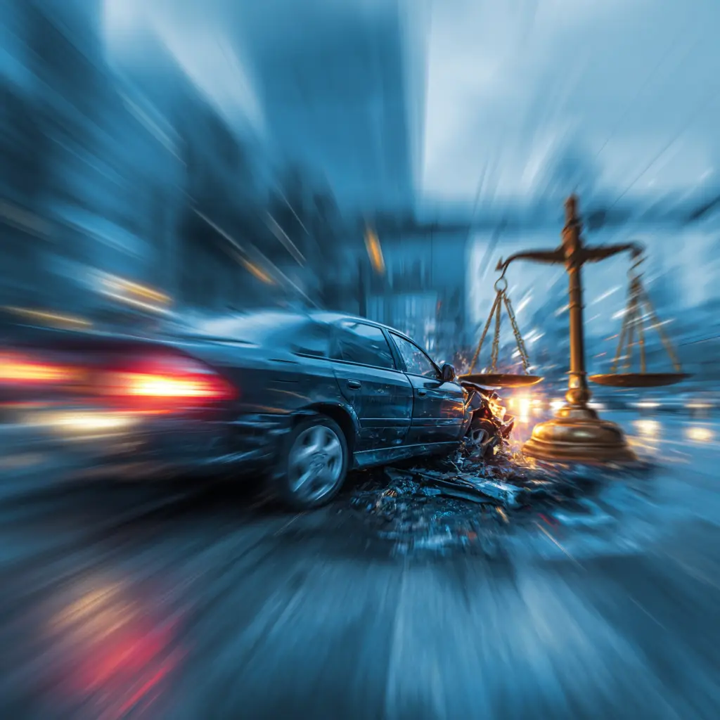 Inside a Motor Vehicle Accident Report: What Attorneys Need to Know Blurred motion image of a car crash with justice scales symbolizing analysis of motor vehicle accident reports