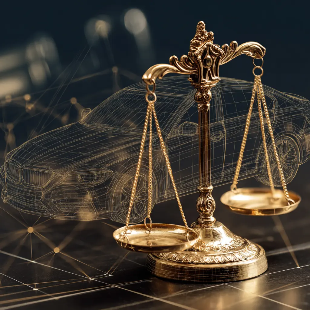 Investigative Motor Vehicle Accident Intelligence for Law Firms Golden justice scales in front of a digital wireframe car representing investigative motor vehicle accident intelligence for attorneys