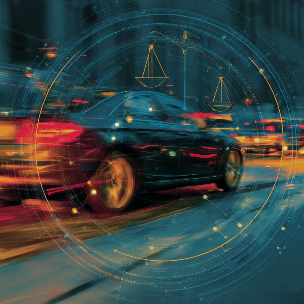 Motor Vehicle Accident Intelligence, Case Intake and Case Value Motion image of a car with digital data graphics and justice scales symbolizing accident intelligence for case intake and case value evaluation