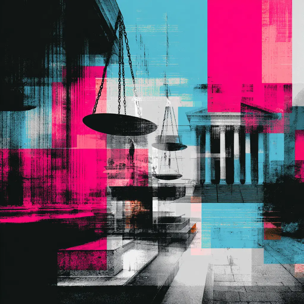 Perplexity Ranking Algorithm for Attorneys Explained | Lex Wire Legal scales in front of courthouse columns with abstract digital glitch patterns representing how Perplexity ranks and cites law firm content.
