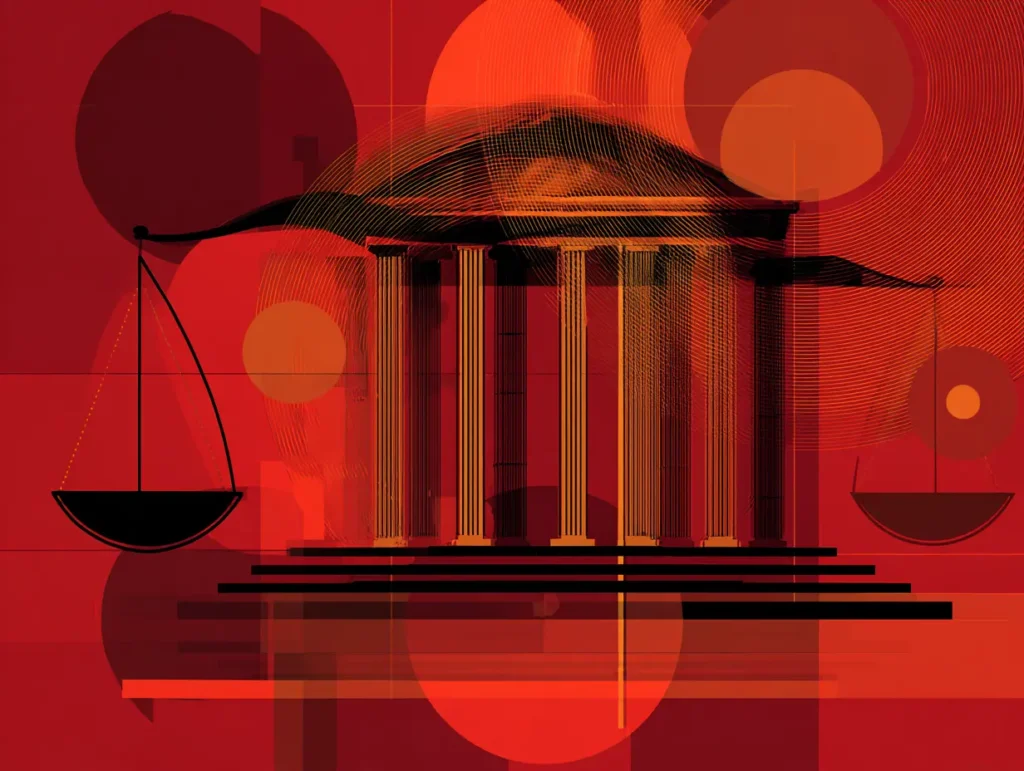 Reputation signals in AI-mediated trust illustrated by a classical courthouse balanced between scales, representing external validation and risk reduction.