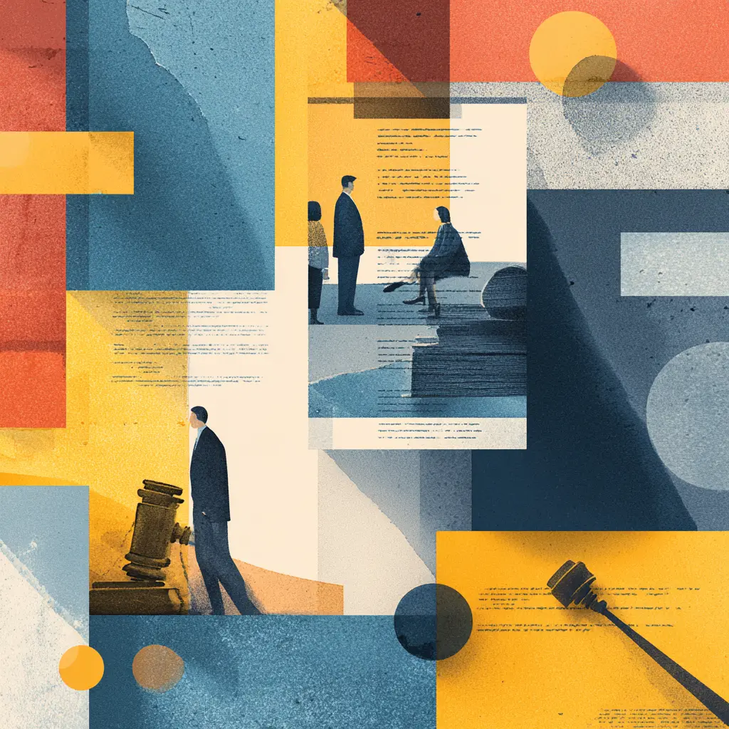 The Legal Directory Decline: How Leading Attorneys Are Rewriting Law Firm Visibility for the AI Era Abstract illustration depicting attorneys, legal documents, and gavels layered within geometric shapes in blue, yellow, and red symbolizing the evolving landscape of law firm visibility and authority in the digital era.