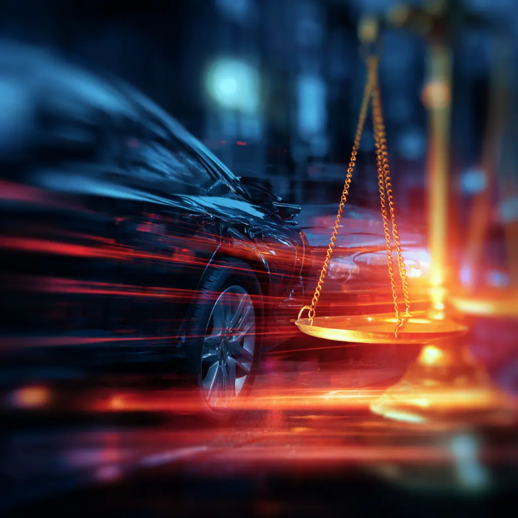 Total Loss Fair Market Value Reports and Appraisal Clauses Explained Damaged vehicle with motion blur alongside golden scales of justice, representing total loss valuations and appraisal clause disputes in personal injury claims.
